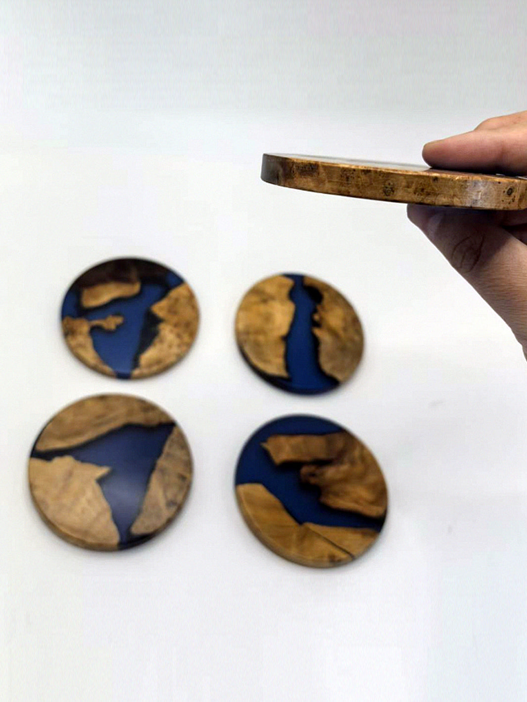 Handmade Blue Epoxy Resin & Wood Coaster Set