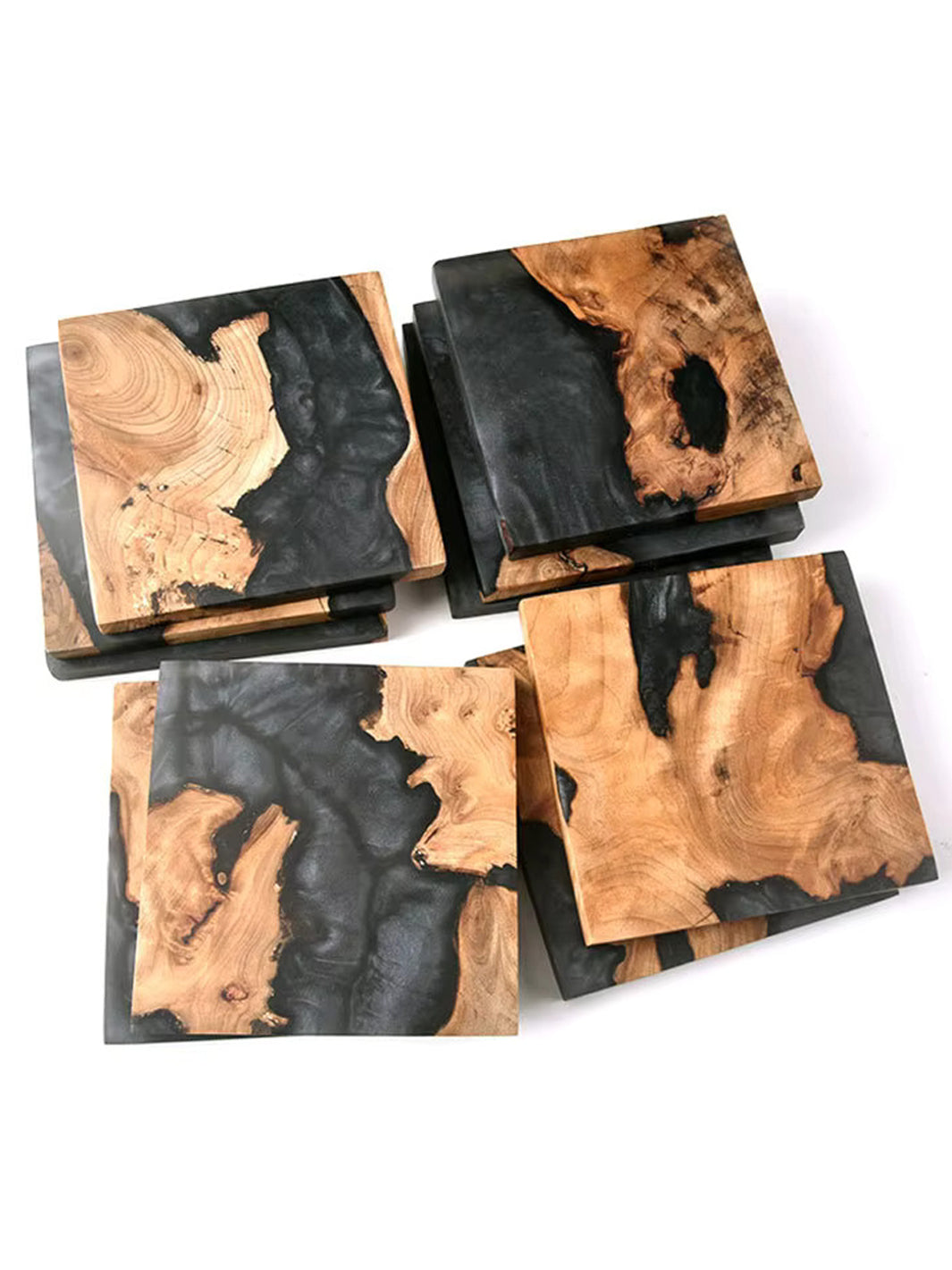 Handmade Black Epoxy Resin & Wood Square Coaster Set