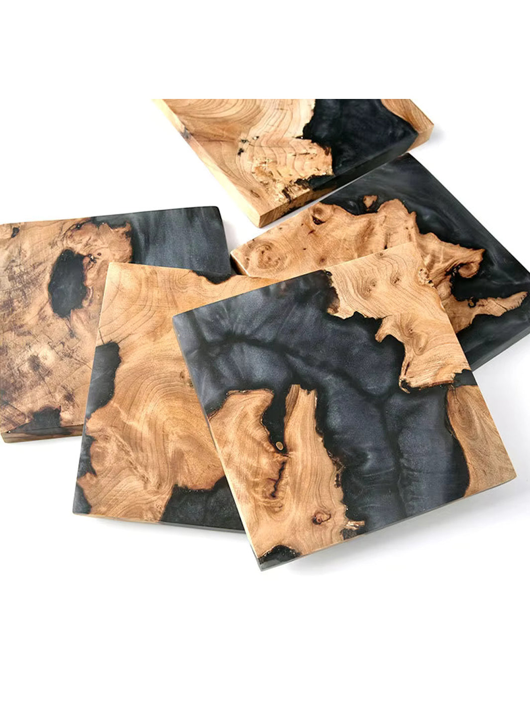 Handmade Black Epoxy Resin & Wood Square Coaster Set