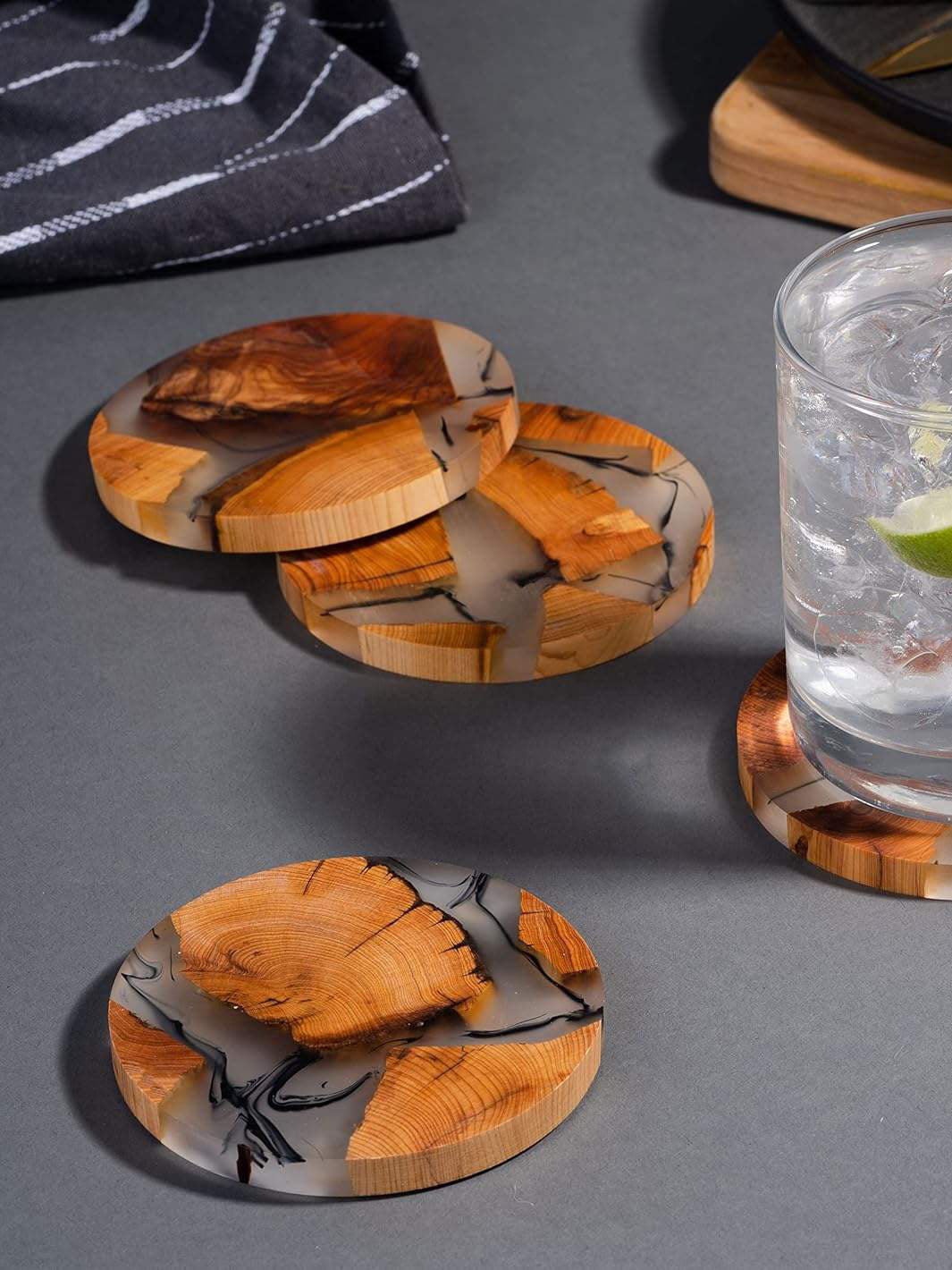 Modern Wood & Resin Coaster Set with Holder – Epoxy Drink Coasters 6 Set