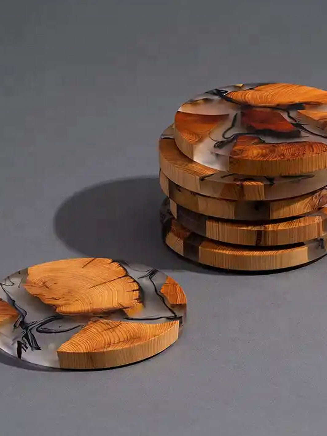 Modern Wood & Resin Coaster Set with Holder – Epoxy Drink Coasters 6 Set