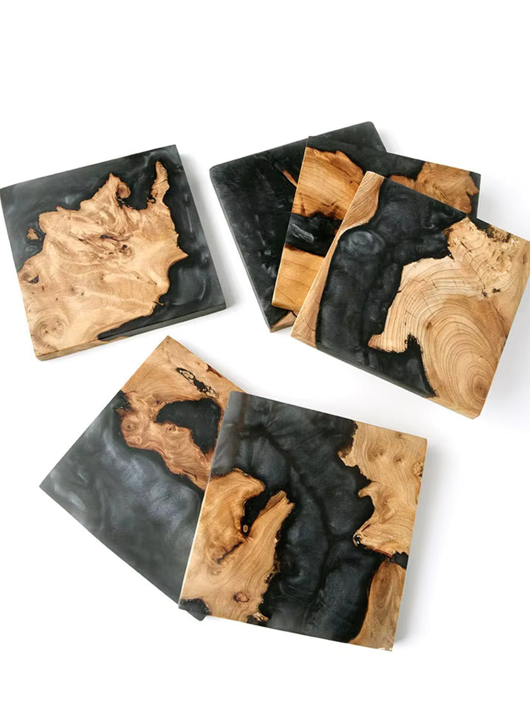 Handmade Black Epoxy Resin & Wood Square Coaster Set