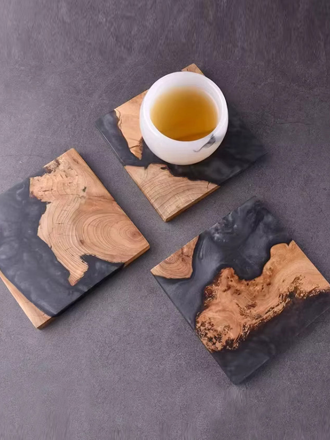 Handmade Black Epoxy Resin & Wood Square Coaster Set